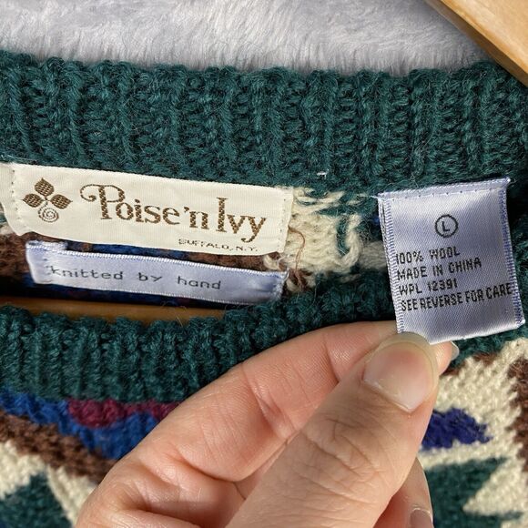 Vtg Wool Hand Knit Sweater Poise'N Ivy Grannycore Geometric Large Artsy Granny - Picture 5 of 5